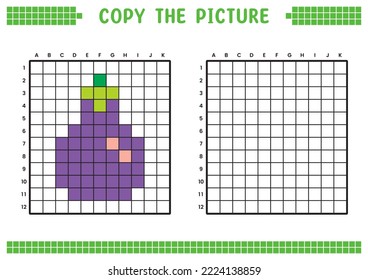 Copy the picture, complete the grid image. Educational worksheets drawing with squares, coloring cell areas. Children's preschool activities. Cartoon vector, pixel art. Purple eggplant illustration.
