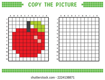 Copy the picture, complete the grid image. Educational worksheets drawing with squares, coloring cell areas. Children's preschool activities. Cartoon vector, pixel art. Red apple illustration.