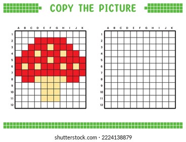 Copy the picture, complete the grid image. Educational worksheets drawing with squares, coloring cell areas. Children's preschool activities. Cartoon vector, pixel art. Mushroom illustration.