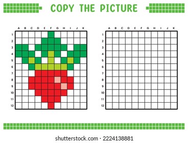 Copy the picture, complete the grid image. Educational worksheets drawing with squares, coloring cell areas. Children's preschool activities. Cartoon vector, pixel art. Radish illustration.