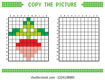 Copy the picture, complete the grid image. Educational worksheets drawing with squares, coloring cell areas. Children's preschool activities. Cartoon vector, pixel art. Turnip illustration.