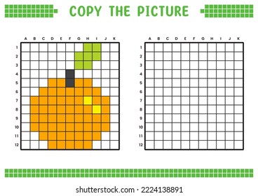 Copy the picture, complete the grid image. Educational worksheets drawing with squares, coloring cell areas. Children's preschool activities. Cartoon vector, pixel art. Grapefruit illustration.