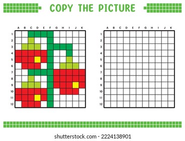Copy the picture, complete the grid image. Educational worksheets drawing with squares, coloring cell areas. Children's preschool activities. Cartoon vector, pixel art. Cherry tomato illustration.