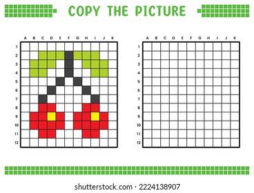 Copy the picture, complete the grid image. Educational worksheets drawing with squares, coloring cell areas. Children's preschool activities. Cartoon vector, pixel art. Red cherry illustration.