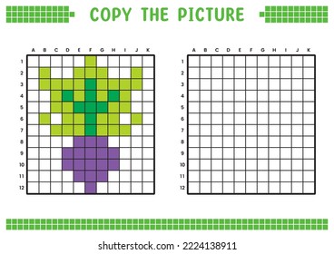 Copy the picture, complete the grid image. Educational worksheets drawing with squares, coloring cell areas. Children's preschool activities. Cartoon vector, pixel art. Purple radish illustration.