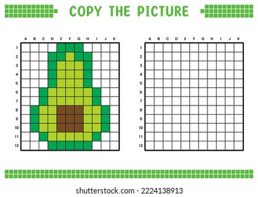 Copy the picture, complete the grid image. Educational worksheets drawing with squares, coloring cell areas. Children's preschool activities. Cartoon vector, pixel art. Half avocado illustration.