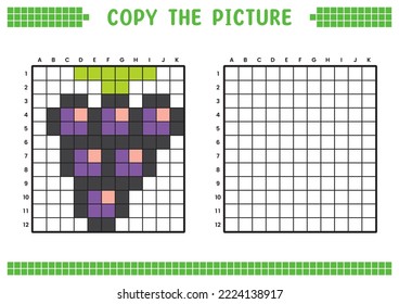 Copy the picture, complete the grid image. Educational worksheets drawing with squares, coloring cell areas. Children's preschool activities. Cartoon vector, pixel art. Purple grapes illustration.