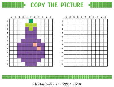 Copy the picture, complete the grid image. Educational worksheets drawing with squares, coloring cell areas. Children's preschool activities. Cartoon vector, pixel art. Purple eggplant illustration.