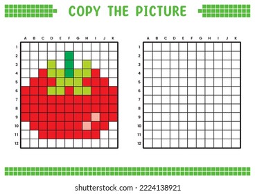 Copy the picture, complete the grid image. Educational worksheets drawing with squares, coloring cell areas. Children's preschool activities. Cartoon vector, pixel art. Red tomato illustration.