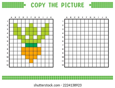 Copy the picture, complete the grid image. Educational worksheets drawing with squares, coloring cell areas. Children's preschool activities. Cartoon vector, pixel art. Carrot illustration.