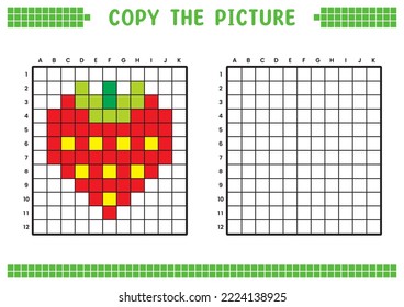 Copy the picture, complete the grid image. Educational worksheets drawing with squares, coloring cell areas. Children's preschool activities. Cartoon vector, pixel art. Red strawberry illustration.
