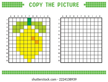 Copy the picture, complete the grid image. Educational worksheets drawing with squares, coloring cell areas. Children's preschool activities. Cartoon vector, pixel art. Lemon illustration.