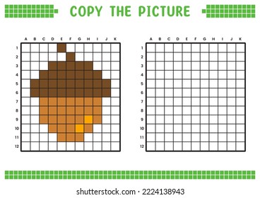 Copy the picture, complete the grid image. Educational worksheets drawing with squares, coloring cell areas. Children's preschool activities. Cartoon vector, pixel art. Acorn nut illustration.