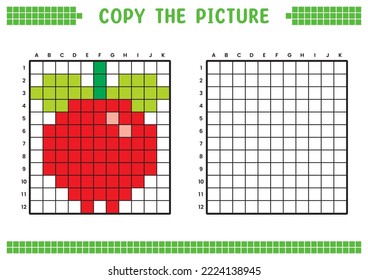Copy the picture, complete the grid image. Educational worksheets drawing with squares, coloring cell areas. Children's preschool activities. Cartoon vector, pixel art. Pomegranate illustration.