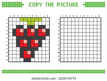 Copy the picture, complete the grid image. Educational worksheets drawing with squares, coloring cell areas. Children's preschool activities. Cartoon vector, pixel art. Red grapes illustration.