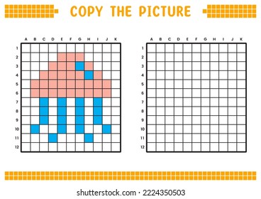Copy the picture, complete the grid image. Educational worksheets drawing with squares, coloring cell areas. Children's preschool activities. Cartoon vector, pixel art. Jellyfish illustration.