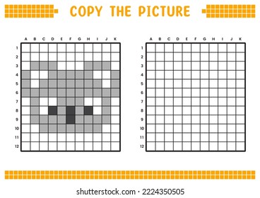 Copy the picture, complete the grid image. Educational worksheets drawing with squares, coloring cell areas. Children's preschool activities. Cartoon vector, pixel art. Koala face illustration.