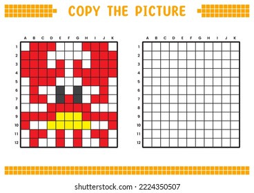 Kopieren Sie das Bild, vervollständigen Sie das Rasterbild. Bildungs-Arbeitsblätter zeichnen mit Quadraten, färben Zellbereiche. Kindervorschulaktivitäten. Cartoon-Vektorgrafik, Pixelkunst. Rote Krabbengrafik.