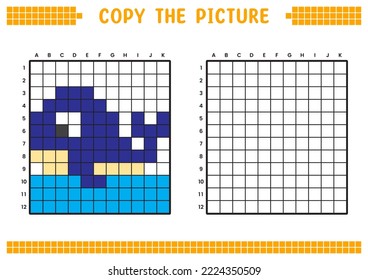 Copy the picture, complete the grid image. Educational worksheets drawing with squares, coloring cell areas. Children's preschool activities. Cartoon vector, pixel art. Blue whale illustration.