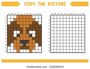Copy the picture, complete the grid image. Educational worksheets drawing with squares, coloring cell areas. Children's preschool activities. Cartoon vector, pixel art. Brown dog face illustration.