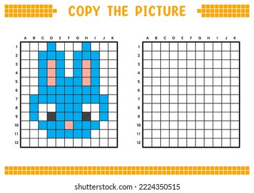 Copy the picture, complete the grid image. Educational worksheets drawing with squares, coloring cell areas. Children's preschool activities. Cartoon vector, pixel art. Blue rabbit face illustration.