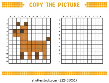 Copy the picture, complete the grid image. Educational worksheets drawing with squares, coloring cell areas. Children's preschool activities. Cartoon vector, pixel art. Brown dog illustration.