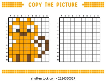 Copy the picture, complete the grid image. Educational worksheets drawing with squares, coloring cell areas. Children's preschool activities. Cartoon vector, pixel art. Orange cat illustration.