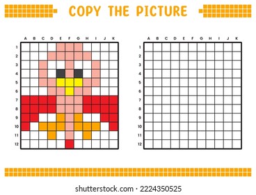 Copy the picture, complete the grid image. Educational worksheets drawing with squares, coloring cell areas. Children's preschool activities. Cartoon vector, pixel art. Bird illustration.