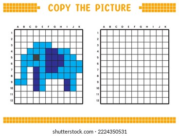 Copy the picture, complete the grid image. Educational worksheets drawing with squares, coloring cell areas. Children's preschool activities. Cartoon vector, pixel art. Elephant illustration.