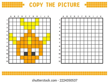Kopieren Sie das Bild, vervollständigen Sie das Rasterbild. Bildungs-Arbeitsblätter zeichnen mit Quadraten, färben Zellbereiche. Kindervorschulaktivitäten. Cartoon-Vektorgrafik, Pixelkunst. Goldfish-Illustration.