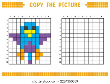 Copy the picture, complete the grid image. Educational worksheets drawing with squares, coloring cell areas. Children's preschool activities. Cartoon vector, pixel art. Bird illustration.