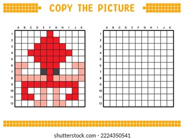 Copy the picture, complete the grid image. Educational worksheets drawing with squares, coloring cell areas. Children's preschool activities. Cartoon vector, pixel art. Red squid illustration.