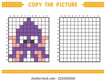 Copy the picture, complete the grid image. Educational worksheets drawing with squares, coloring cell areas. Children's preschool activities. Cartoon vector, pixel art. Purple squid illustration.