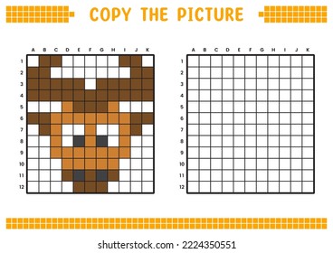 Copy the picture, complete the grid image. Educational worksheets drawing with squares, coloring cell areas. Children's preschool activities. Cartoon vector, pixel art. Buffalo face illustration.