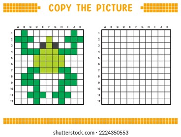 Copy the picture  complete the grid image  Educational worksheets drawing and squares  coloring cell areas  Children's preschool activities  Cartoon vector  pixel art  Green frog illustration 