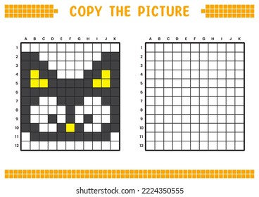 Copy the picture, complete the grid image. Educational worksheets drawing with squares, coloring cell areas. Children's preschool activities. Cartoon vector, pixel art. Black cat face illustration.