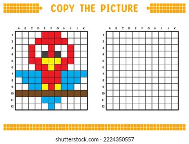Copy the picture, complete the grid image. Educational worksheets drawing with squares, coloring cell areas. Children's preschool activities. Cartoon vector, pixel art. Lovebird illustration.