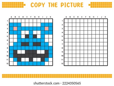 Copy the picture, complete the grid image. Educational worksheets drawing with squares, coloring cell areas. Children's preschool activities. Cartoon vector, pixel art. Hippopotamus face illustration.