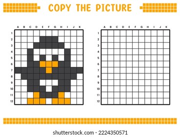 Copy the picture, complete the grid image. Educational worksheets drawing with squares, coloring cell areas. Children's preschool activities. Cartoon vector, pixel art. Little penguin illustration.