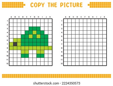 Copy the picture, complete the grid image. Educational worksheets drawing with squares, coloring cell areas. Children's preschool activities. Cartoon vector, pixel art. Green tortoise illustration.