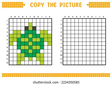 Copy the picture, complete the grid image. Educational worksheets drawing with squares, coloring cell areas. Children's preschool activities. Cartoon vector, pixel art. Sea turtle illustration.