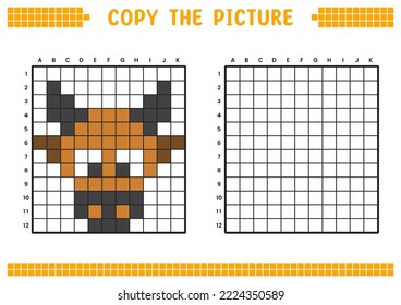 Copy the picture, complete the grid image. Educational worksheets drawing with squares, coloring cell areas. Children's preschool activities. Cartoon vector, pixel art. Cow face illustration.
