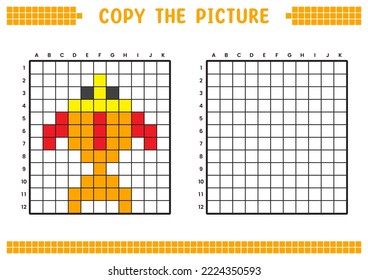 Copy the picture, complete the grid image. Educational worksheets drawing with squares, coloring cell areas. Children's preschool activities. Cartoon vector, pixel art. Ornamental fish illustration.