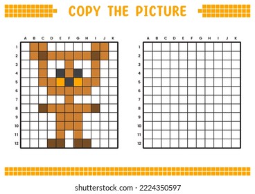 Copy the picture, complete the grid image. Educational worksheets drawing with squares, coloring cell areas. Children's preschool activities. Cartoon vector, pixel art. Baby bear illustration.