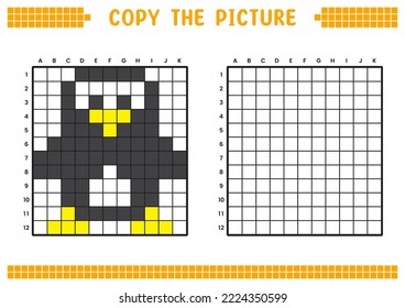 Copy the picture, complete the grid image. Educational worksheets drawing with squares, coloring cell areas. Children's preschool activities. Cartoon vector, pixel art. Polar penguin illustration.