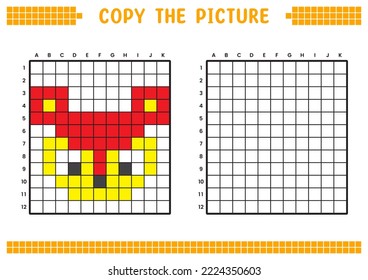 Copy the picture, complete the grid image. Educational worksheets drawing with squares, coloring cell areas. Children's preschool activities. Cartoon vector, pixel art. Mouse deer face illustration.