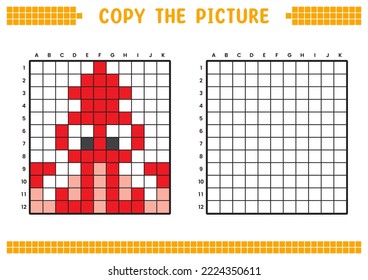 Copy the picture, complete the grid image. Educational worksheets drawing with squares, coloring cell areas. Children's preschool activities. Cartoon vector, pixel art. Red octopus illustration.
