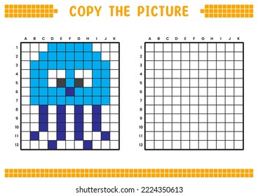 Copy the picture, complete the grid image. Educational worksheets drawing with squares, coloring cell areas. Children's preschool activities. Cartoon vector, pixel art. Blue jellyfish illustration.