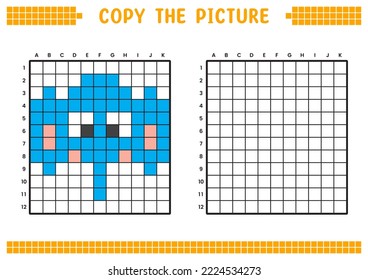 Copy the picture, complete the grid image. Educational worksheets drawing with squares, coloring cell areas. Children's preschool activities. Cartoon vector, pixel art. Elephant face illustration.