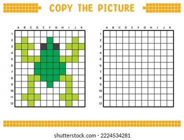 Copy the picture, complete the grid image. Educational worksheets drawing with squares, coloring cell areas. Children's preschool activities. Cartoon vector, pixel art. Green toad illustration.